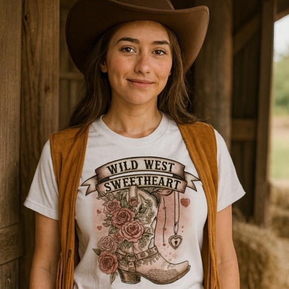 Wild West Sweetheart Graphic Tee – Western Cowgirl Boot Shirt with Roses & Heart - Picture 2 of 16